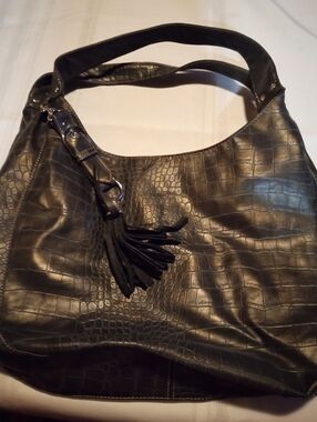 Dark Gray Croc-Embossed Hobo Bag with Tassel